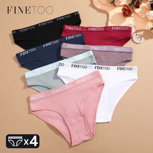 FINETOO 4Pcs 코튼 스트라이프 속옷 여성 팬티 편지 벨트 팬티 숙녀 낮은 허리 란제리 솔리드 통기성 속옷