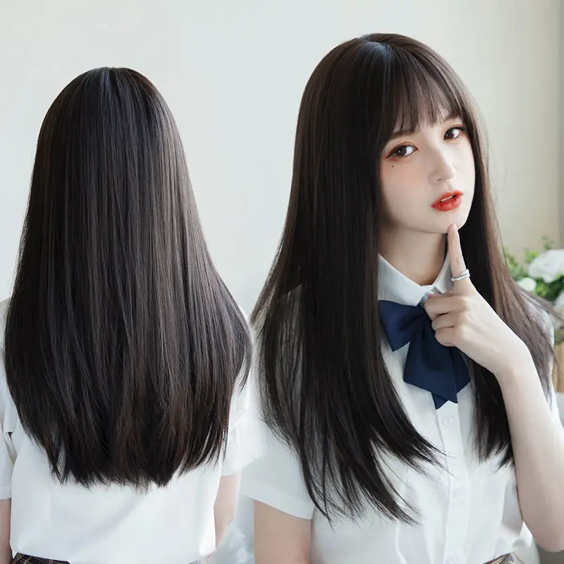 한국 헤어 익스텐션 합성 귀여운 JK 소녀 코스프레 에어 뱅스 가발 통기성 헤드 커버 50cm 여성용 롱 스트레이트 가발 모자