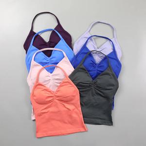 Impact Longline Strappy Top 여성 원활한 요가 탱크 탑 Ruched Backless 체육관 의류 운동 Bra에 Buit가있는 민소매 셔츠