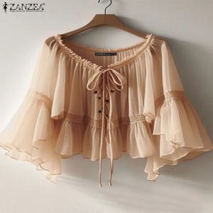 ZANZEA 여성 빈티지 시폰 블라우스 캐주얼 루즈 3/4 플레어 슬리브 쇼트 탑 2025 Summer Seethrough v 넥 Pleating Blusas Femme