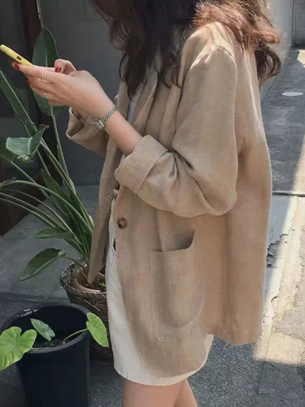 루즈 피트 여름 새 스타일 여성 코튼 린넨 자켓 얇은 겉옷 긴 소매 비즈니스 캐주얼 우아한 느낌 스트리트 스타일