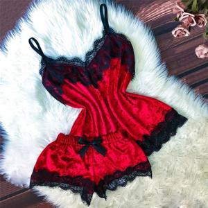 여름 잠옷 여성 벨벳 보우 잠옷 민소매 스트랩 Nightwear 레이스 트림 캐미 탑 잠옷 세트 Femme 섹시한 란제리