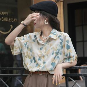 프린트 셔츠 여름 여성 티셔츠 루즈 블라우스 십대를위한 귀여운 탑스 반소매 미적 의류 Vintage Korean Fashion