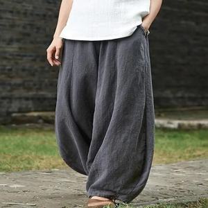 2022 코튼 린넨 블루머 와이드 레그 팬츠 여성 빈티지 전체 길이 패션 Elegent 바지 솔리드 Elasitic 허리 봄 가을 5XL