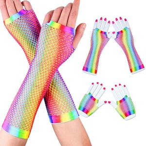 1 쌍 레인보우 컬러 숙녀 섹시한 메쉬 그물 Fishnet 장갑 여성 속이 빈 구멍 핑거리스 장갑 레이디 디스코 댄스 의상 딱지