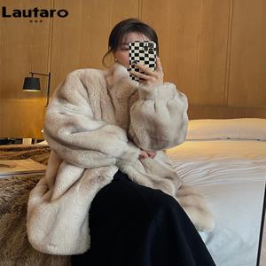 Lautaro 여성용 두꺼운 따뜻한 인조 밍크 모피 코트, 스탠드 칼라, 우아하고 시크한 럭셔리 디자이너 의류, 런웨이 푹신한 재킷 2022, 겨울