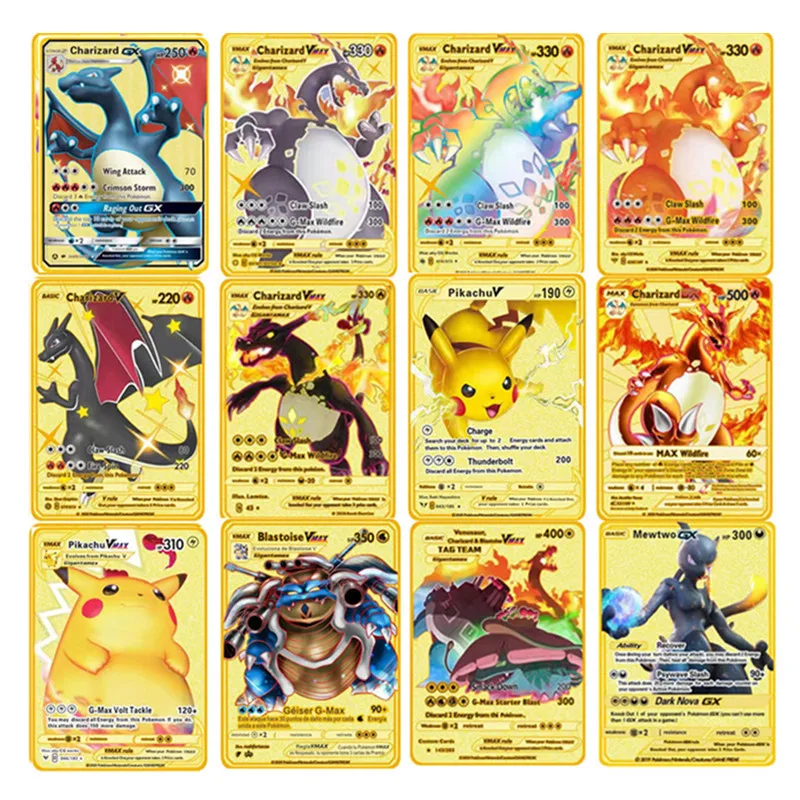 포켓몬 영어 금속 카드 애니메이션 피카추 Charizard Mewtwo Blastoise Vmax 반짝 이는 편지 게임 컬렉션 카드 어린이 장난감 선물