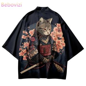 플러스 사이즈 일본 사쿠라 고양이 사무라이 프린트 기모노 streetwear 남성 여성 카디건 하라주쿠 전통 의상 여름 해변 하오리