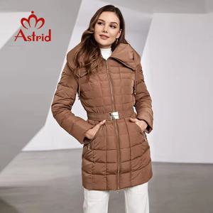Astrid 2023 새로운 여성 겨울 자켓 후드 벨트 롱 파카 따뜻한 패딩 퍼퍼 체크 무늬 퀼트 코트 다운 자켓 두꺼운 스노우웨어