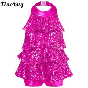 키즈 소녀 홀터넥 반짝 이는 스팽글 현대 재즈 라틴 발레 댄스 의상 Shorty Unitard Dress 무대 공연 댄스웨어