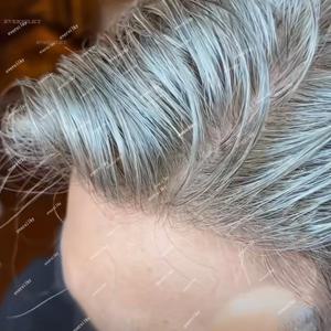 슈퍼 내구성 남성 Toupee 그레이 블랙 1B80 1B65 얇은 남성 가발 인간의 머리카락 자연 헤어 라인 마이크로 스킨 피부 Pu 모세관 보철물
