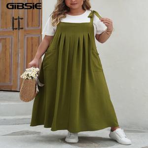GIBSIE 플러스 사이즈 솔리드 타이 숄더 오버올 드레스 여성용 2025 여름 캐주얼 루즈 민소매 맥시 롱 드레스 (포켓 포함)