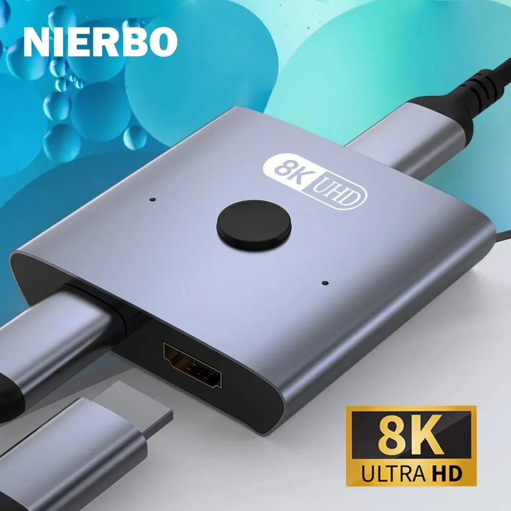 NIERBO 8K 양방향 HDMI 2.1 스위치 분배기 2 in 1 Out Ultra HD 4K@120Hz 8K@60Hz 48Gbps PS5 Xbox용 알루미늄 HDMI 허브