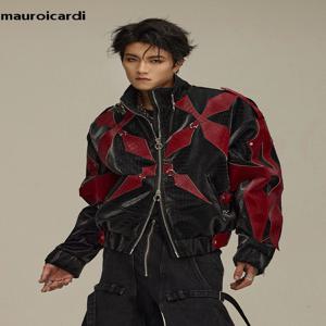 Mauroicardi 봄 가을 멋진 잘 생긴 악어 인쇄 패치 워크 Pu 가죽 자켓 남자 컬러 블록 럭셔리 디자이너 의류 2024