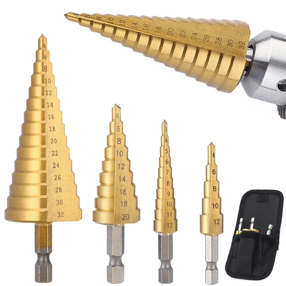 3pcs 3-12mm 4-12mm 4-20mm HSS 스트레이트 그루브 스텝 드릴 비트 세트 티타늄 코팅 목재 금속 구멍 커터 코어 드릴 비트 세트