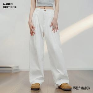 Maden 여성용 화이트 코튼 캐주얼 바지, 루즈 스트레이트 카고 바지, 다목적 와이드 레그 팬츠, 여름 스트리트웨어 바지