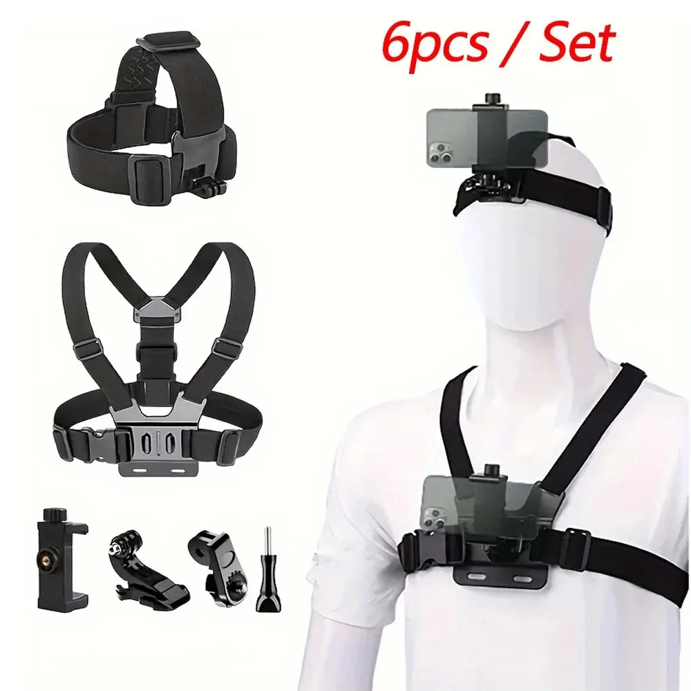 올인원 6pcs 액션 카메라 키트 헤드 스트랩 가슴 스트랩 마운트 GoPro 전화용 조절 가능 Osmo 향상된 안정성 다용도