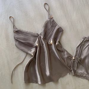 스트랩 탑 & 반바지 홈 의류 2Pcs 란제리 새틴 Nightwear 여성 섹시한 레이스 트림 잠옷 정장 우아한 빅 사이즈 3Xl