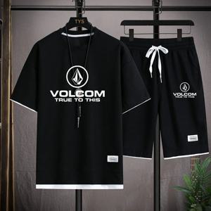 여름 VOLCOM 남성용 운동복 티셔츠 + 반바지 정장 스포츠 프린트 캐주얼 패션 반팔 티셔츠 정장 남성용 조깅 슈트