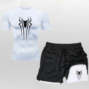 애니메이션 압축 셔츠 남성 2 in 1 반바지 피트니스 체육관 운동 MMA Rashguard Jiu Jitsu 러닝 조깅 훈련 의류 세트