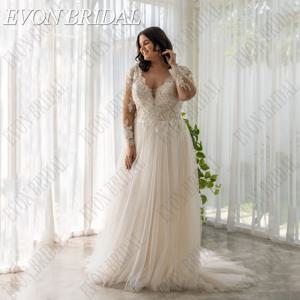 EVON BRIDAL 플러스 사이즈 레이스 웨딩 원피스, 긴 소매 V넥 A라인 신부 가운, 여성용 아플리케 얇은 명주 그물 드레스EVON BRIDAL 라지 사이즈 레이스 웨딩드레스 긴팔 V넥 A자 신부 드레스 여성 패치 아사 조끼