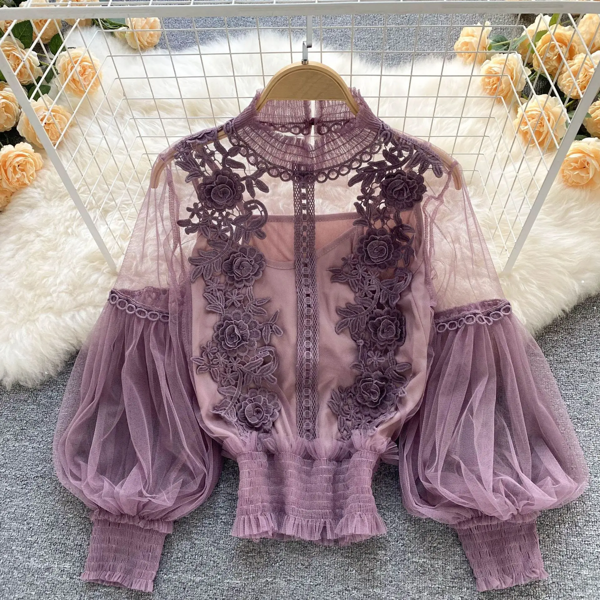 여름 우아한 레이스 블라우스 한국 스타일 여성 의류 캐주얼 긴 소매 탑 Blusas Feminina Elegante Estilosa Y338