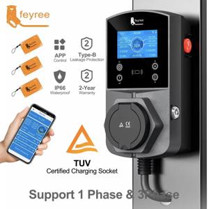 Feyree Type2 EV 충전기 소켓 버전 22KW TS-NACS Type1 GB/T 플러그 EVSE Wallbox WIFI APP 제어용 스마트 전기 자동차 충전기
