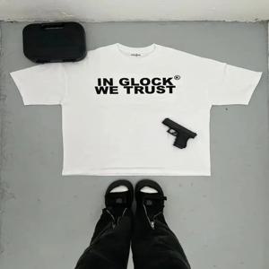 Kixkz 패션 브랜드 여름 하라주쿠 루즈 여성 티셔츠 IN GLOCK WE TRUST 편지 인쇄 Oversize Tee 반팔 남성 의류