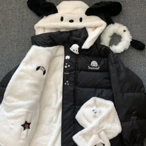 Sanrio 귀여운 헬로 키티 Pochacco 플러스 벨벳 두꺼운 가역 코튼 자켓 여성 겨울 플러시 후드 가디건 코튼 의류