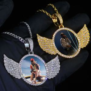 힙합 쥬얼리 68mm 윙 서클 사진 펜던트 블링 아이스 CZ 포장 18k 골드 도금 개인화 된 그림 펜던트 목걸이 맞춤