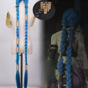 LOL Jinx 수지 모자를 쓰고 있죠 코스프레 가발 블루 브레이드 Plaits 느슨한 대포 합성 머리 할로윈 파티 역할 놀이 가발
