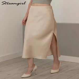 Streamgirl 여성용 오피스 블랙 미디 스커트, 하이웨이스트 우아한 실크 스커트, 단색 새틴 스커트, 옆면 슬릿