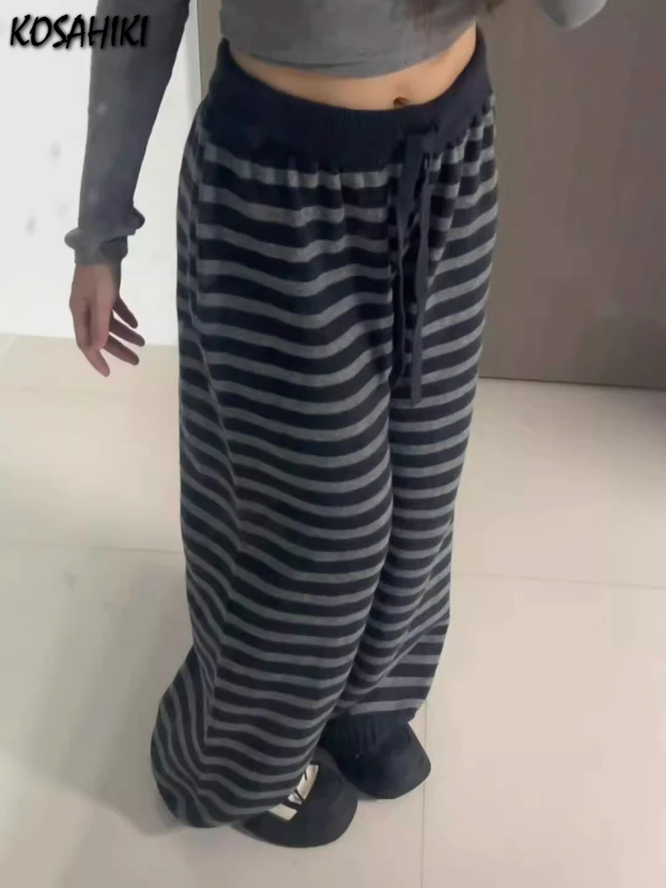 하라주쿠 콘트라스트 컬러 스트라이프 와이드 레그 바지, 빈티지 그런지 루즈 니트 캐주얼 바지, Y2k 미적인 여성 스트레이트 바지