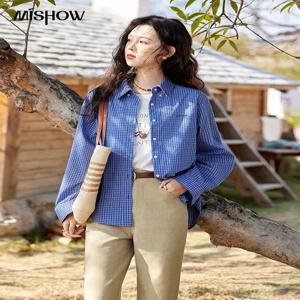 MISHOW 여성용 레트로 블루 체크 셔츠, 루즈 캐주얼 라펠 코튼 셔츠, 긴팔 상의, 용수철 패션, MXE11C0398, 신상