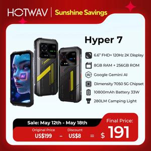 HOTWAV Hyper 7 5G 견고한 전화기 6.6'' FHD+ 2K 디스플레이 10800mAh 휴대 전화 280LM 64MP 스마트폰 8GB 256GB Android 14 핸드폰
