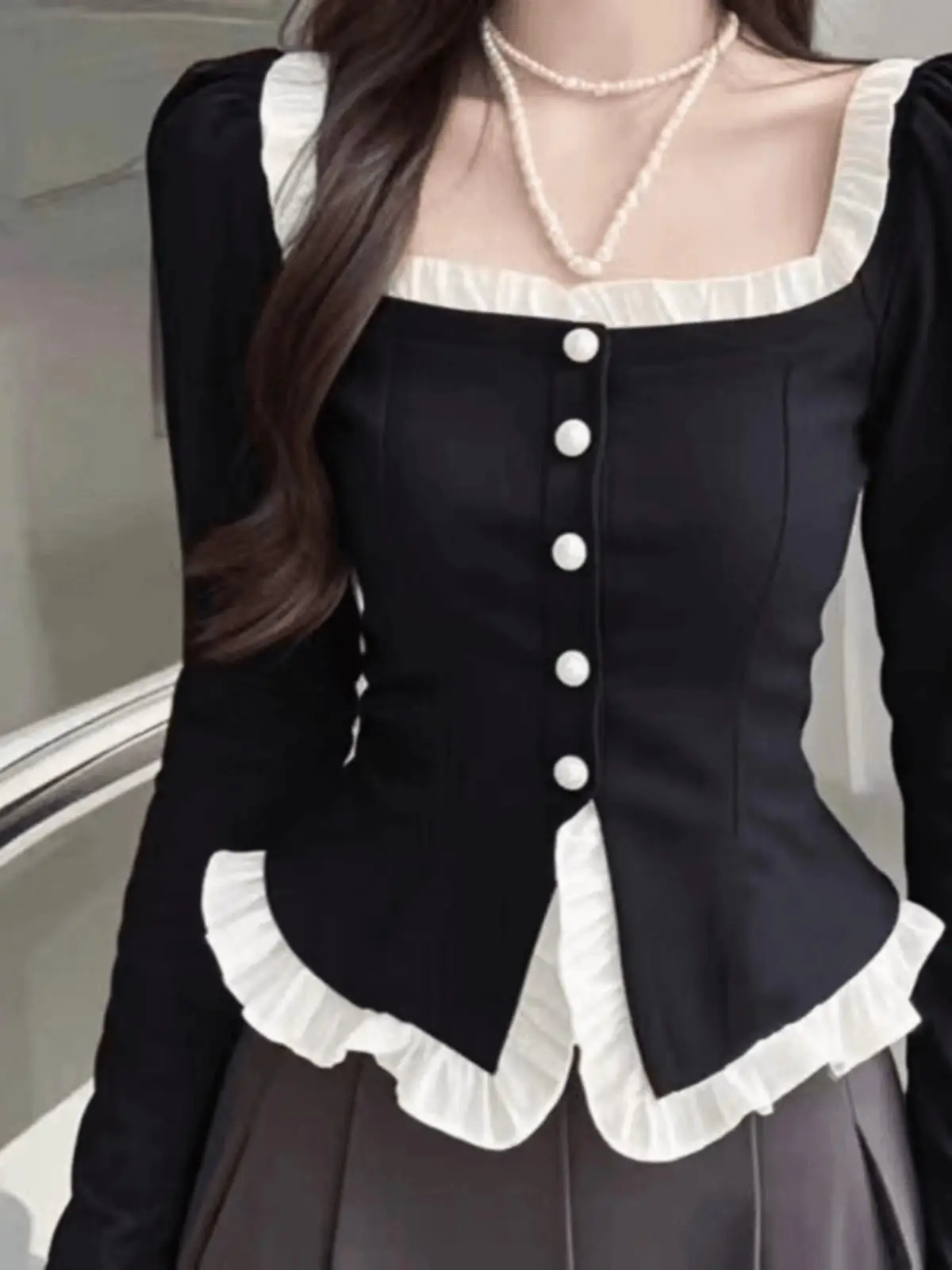 여성용 불규칙한 레이스 스퀘어 칼라 긴팔 단추 다운 셔츠, 다용도 페이크 투피스 이너 셔츠, 프렌치 스타일, 가을