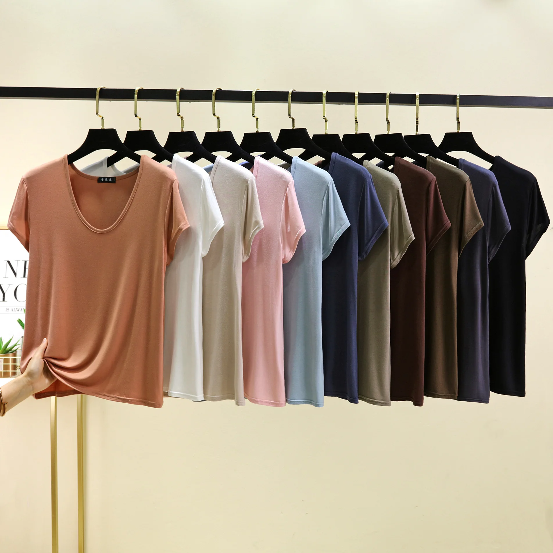 플러스 사이즈 L ~ 6XL U 넥 여성용 티셔츠 반팔 모달 티셔츠 얇은 바닥 티셔츠 솔리드 컬러 루즈 티셔츠 모든 경기