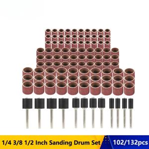 CMCP 102/132pcs 샌딩 드럼 세트 네일 Dremel 액세서리 용 샌딩 맨드릴이있는 1/4 3/8 1/2 인치 샌딩 밴드