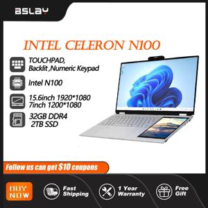 2025 듀얼 스크린 15.6+7인치 지문 인식, 고화질 카메라 노트북, Intel N100 32GB RAM SSD 2TB Win11 백라이트 키보드