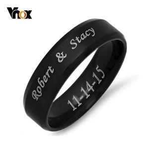 Vnox 남녀공용 스테인리스강 베벨 모서리 센터 링, 블랙 웨딩 밴드, 커스텀 이름 글자 날짜 링