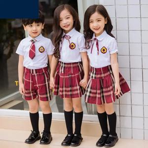 초등 유치원 남녀공용 한국 교복, 반팔 셔츠, 빨간 격자 무늬 치마, 의류 세트, 코러스 의상