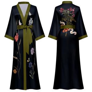 블랙 프린트 꽃 긴 가운 잠옷 봄 여름 하프 슬리브 기모노 목욕 가운 가운 여성 섹시한 레이온 홈 드레스 Loungewear