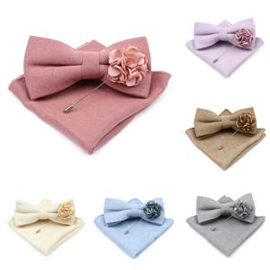 남성 솔리드 컬러 코튼 Bowtie 포켓 스퀘어 브로치 세트 핑크 블루 슈퍼 소프트 스웨이드 보우 타이 손수건 웨딩 파티 선물