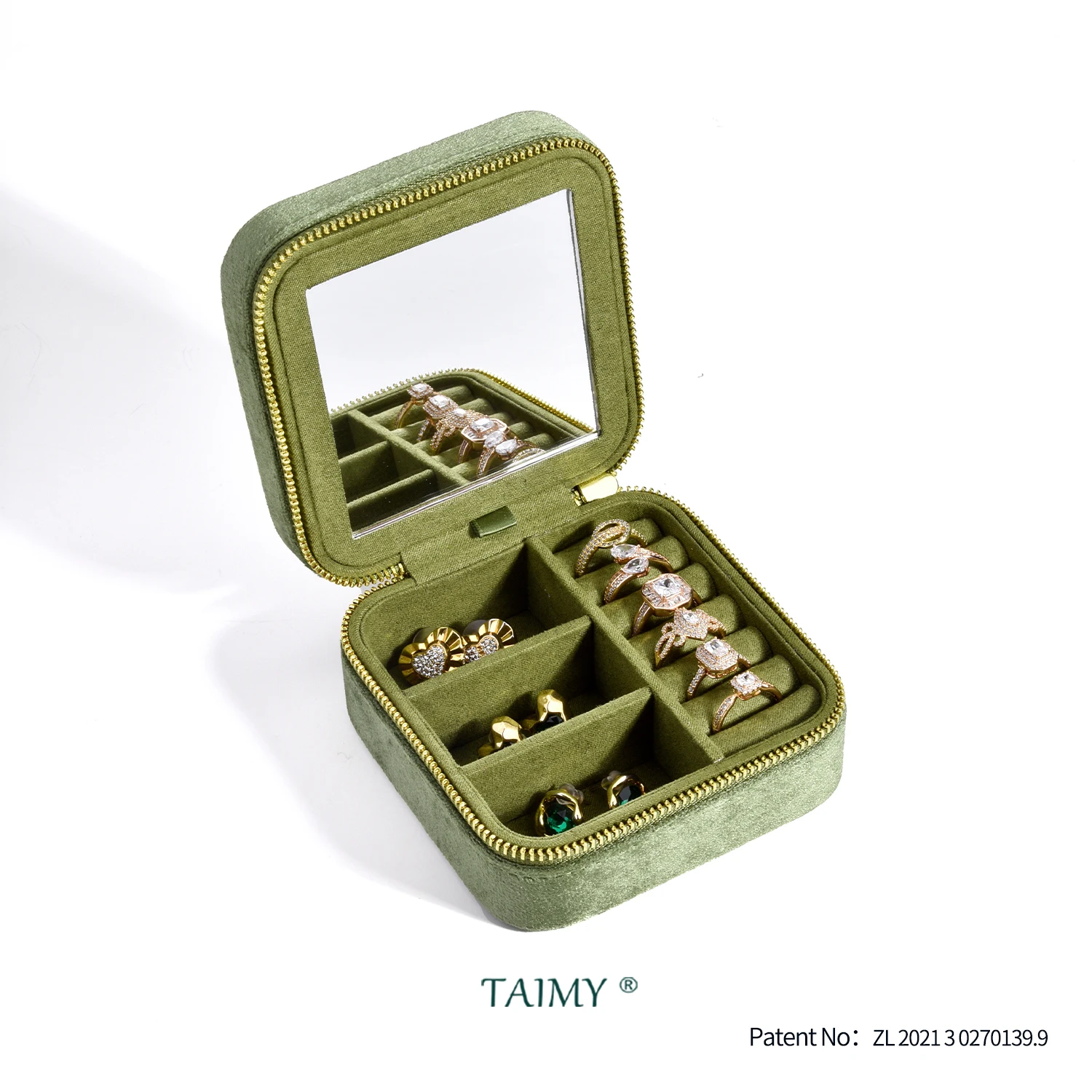 TAIMY 빈티지 벨벳 여행 보석 보관 반지 상자 플립 미러 주최자 지원 로고 사용자 정의 레트로 녹색 보석 상자