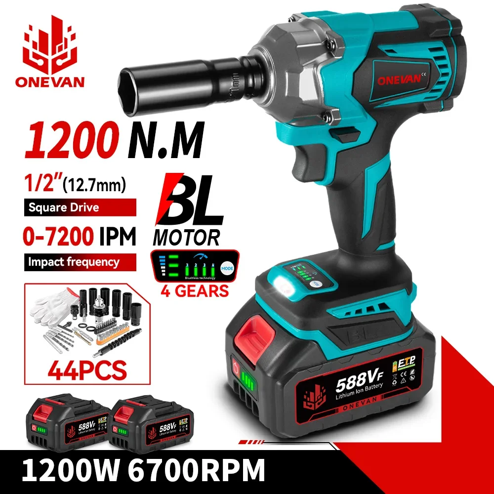 ONEVAN 1200 N.m 브러시리스 전기 임팩트 렌치 1/2 ''무선 3 기능 전기 스크루 드라이버 드릴 도구 21V 18V 배터리