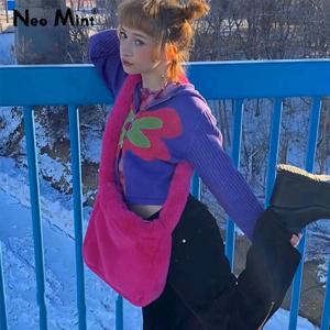 여성용 캔디 컬러 로즈 핑크 플러시 크로스 바디 숄더백, 겨울 하라주쿠 스트리트 패션, 인조 토끼 모피 가방, 2000s Y2k 핫 걸스