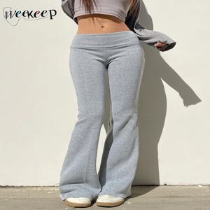 Weekeep 캐주얼 솔리드 로우 라이즈 바지 여성 기본 슬림 피트니스 레깅스 스웨트 팬츠 한국 패션 streetwear y2k 플레어 바지