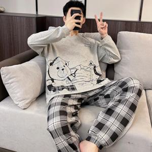 남성용 만화 곰 코튼 홈웨어, 긴팔 수면 상의 및 바지 잠옷, 어린 소년 잠옷 세트, 한국 패션 잠옷