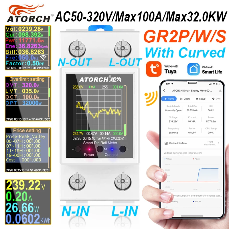 GR2PW AC50-320V 100A 스마트 전기 미터 Tuya WiFi Din 레일 전력 에너지 미터 디지털 디스플레이 모니터 전압 곡선 전류계