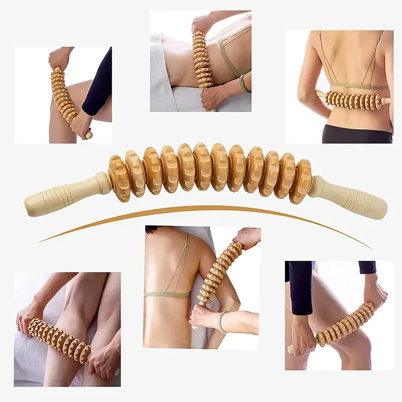 바디 근막 마사지 미끄럼 방지 핸들 나무 그루브 기어 팔 다리 허벅지 엉덩이 등 이완을위한 부드러운 롤러 마사지